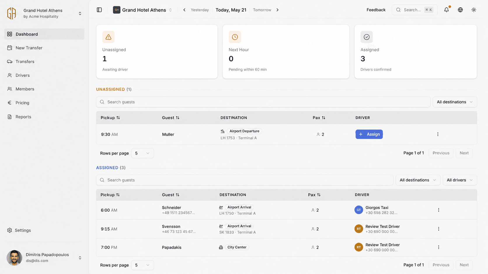 The Odyrides dispatcher dashboard showing scheduled transfers and driver assignments